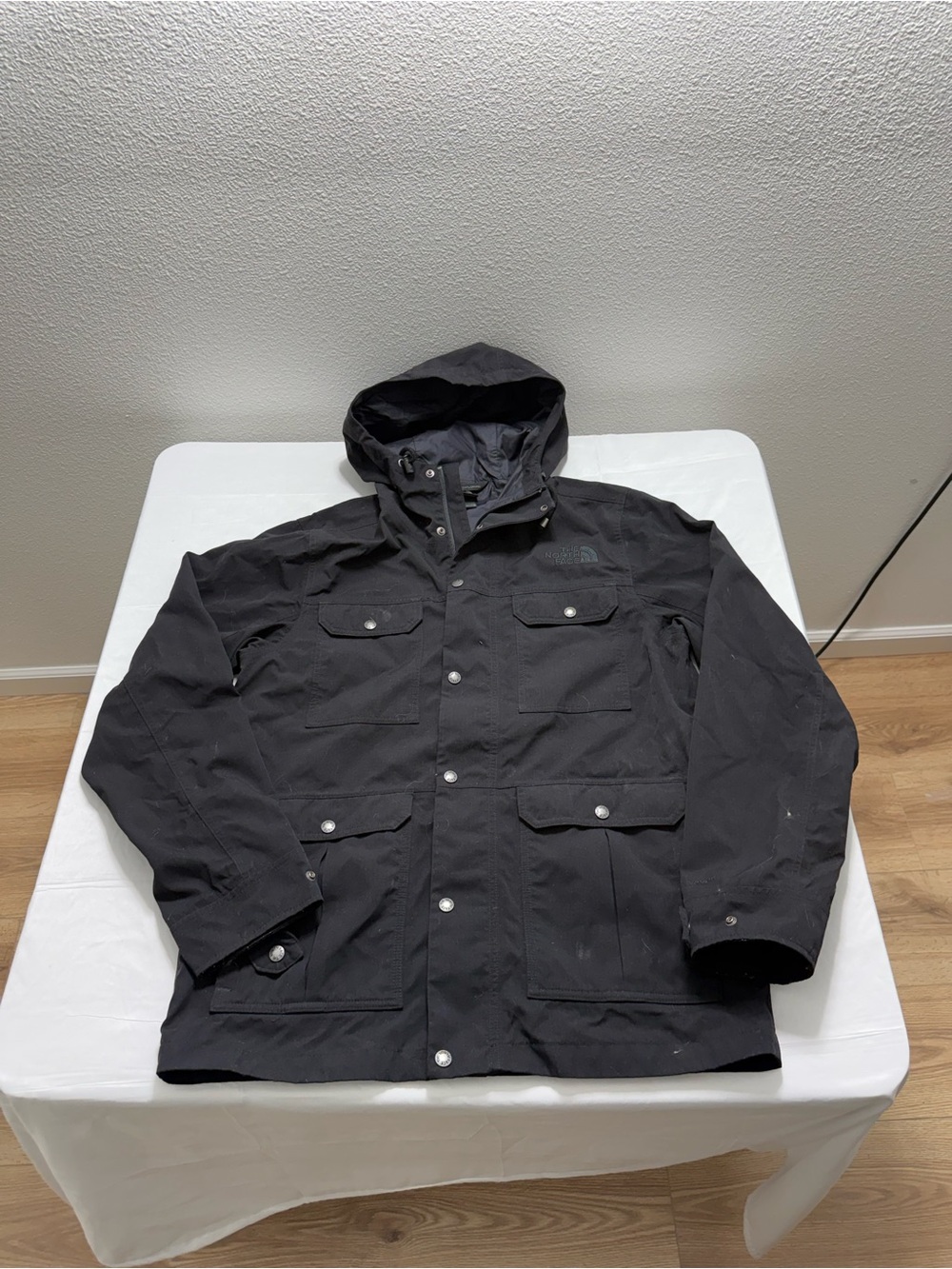 The North Face Men's Black Hooded Raincoat with Snap Front